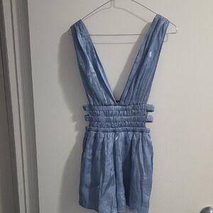 Light Blue V-Neck Smocked Waist Romper